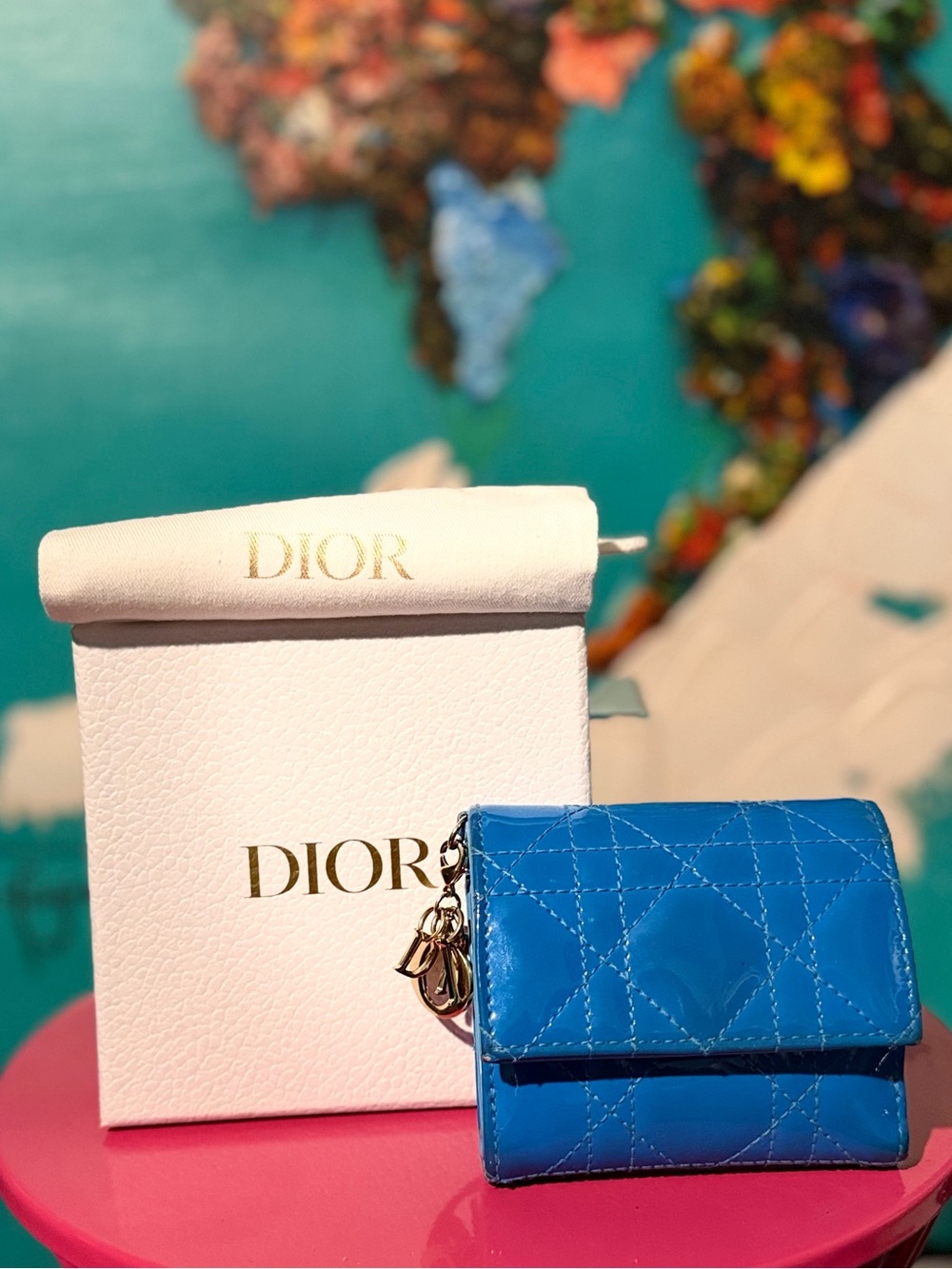 Christian Dior Lady Dior Cannage Patent Leather Turquoise Wallet